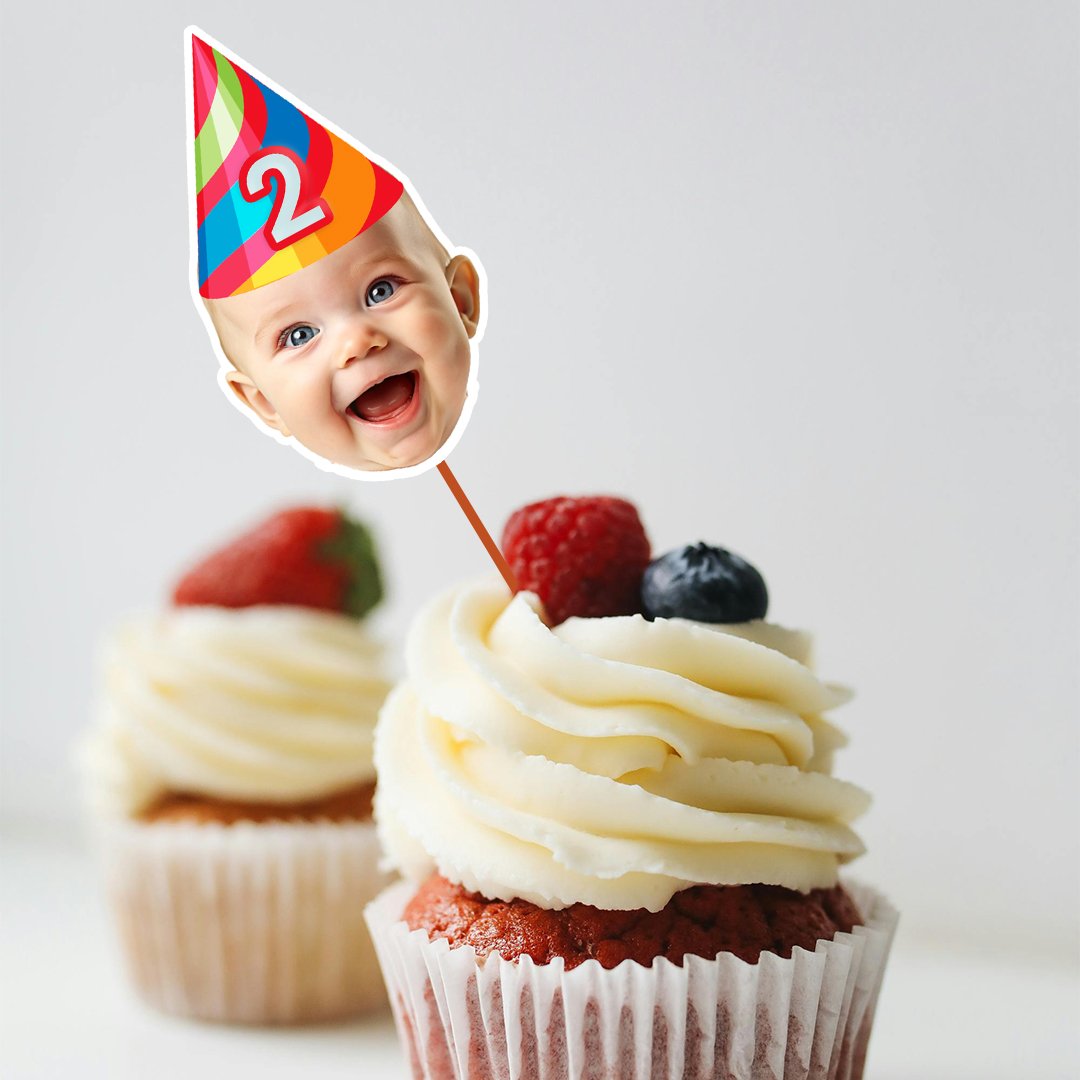Printable Baby Face Cake Topper with Birthday Hat | Custom Photo - Image 3