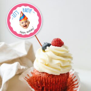 Printable Baby Face Cake Topper with Birthday Hat | Custom Photo