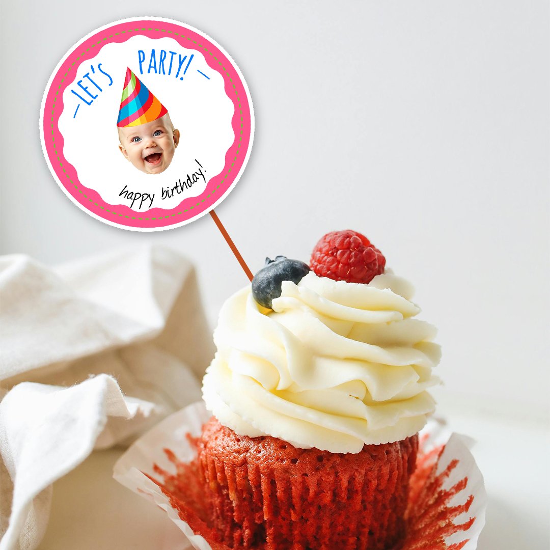 Printable Baby Face Cake Topper with Birthday Hat | Custom Photo