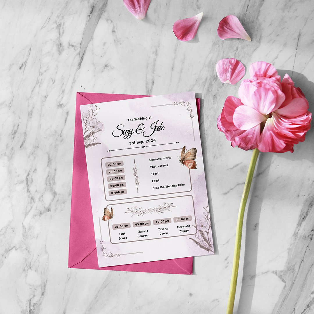 Violet Flower Garden Wedding Timeline Card | Couple Illustration | Double-Sided Printable Invitation - Image 3