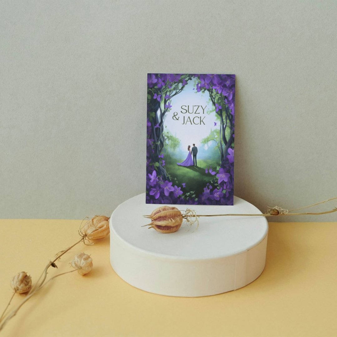 Violet Flower Garden Wedding Timeline Card | Couple Illustration | Double-Sided Printable Invitation