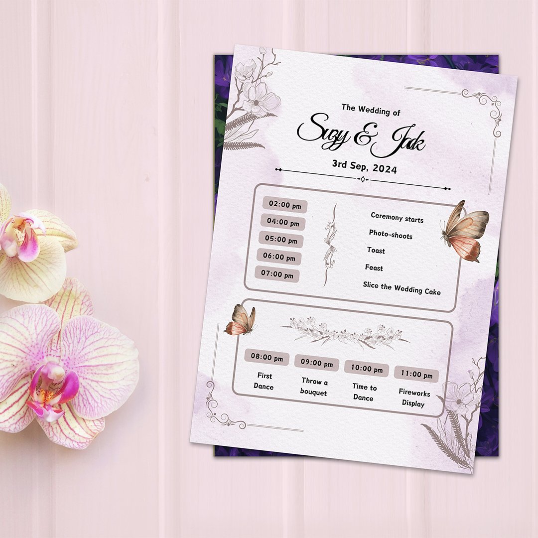 Violet Flower Garden Wedding Timeline Card | Couple Illustration | Double-Sided Printable Invitation - Image 4