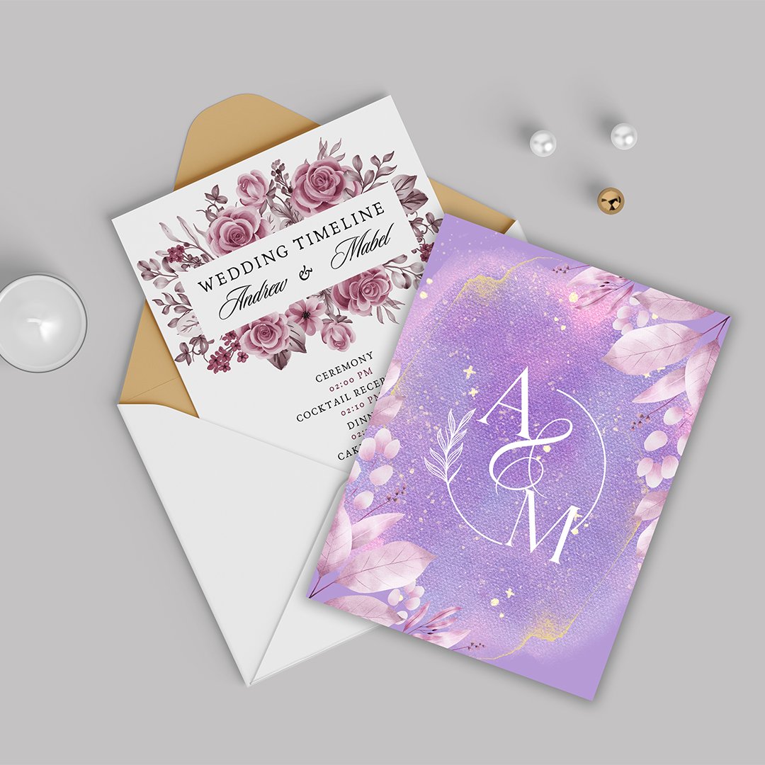 Violet Wedding Invitation Card with Couple Initials | Custom Wedding Timeline | Elegant Printable Invitation - Image 3