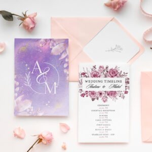 Violet Wedding Invitation Card with Couple Initials | Custom Wedding Timeline | Elegant Printable Invitation