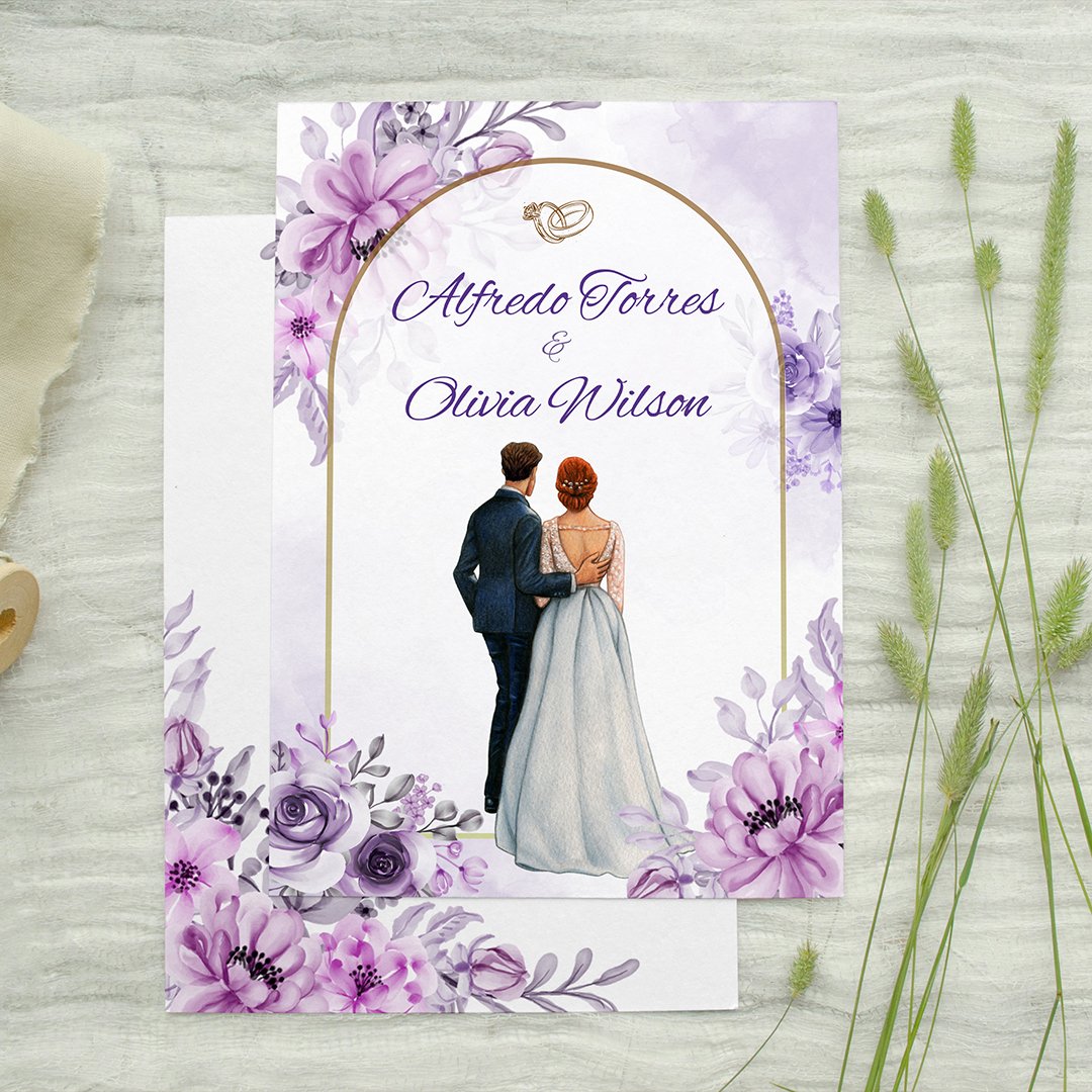 Floral Engagement or Wedding Printable Invitation | Custom Couple Illustration | Purple Floral Invitation | Save the Date Card
