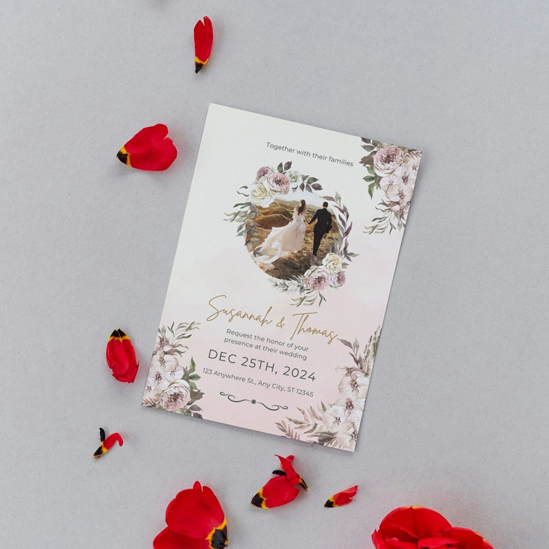 Personalized Romantic Floral Card with Couple Illustration | One-Sided Printable Invitation | Elegant Wedding Card - Image 4