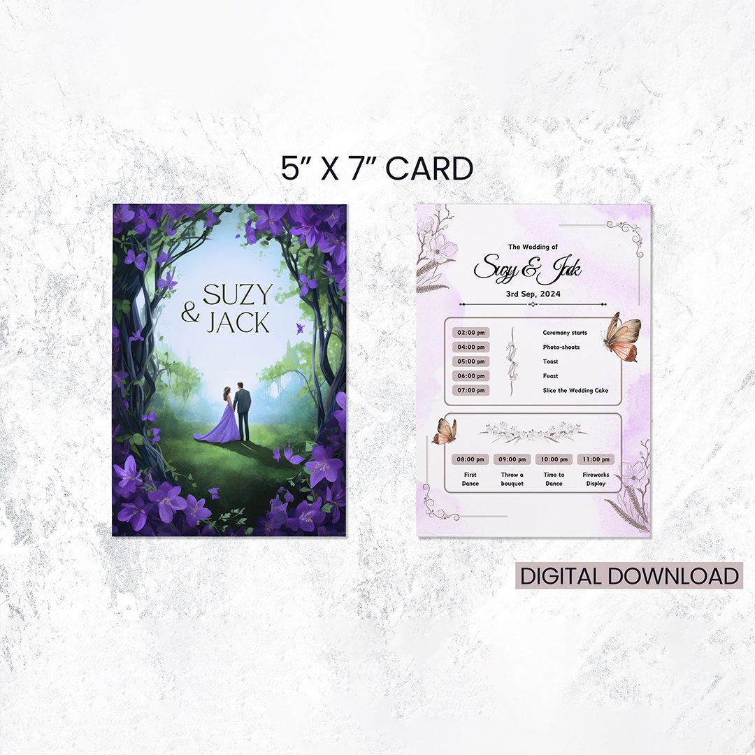 Violet Flower Garden Wedding Timeline Card | Couple Illustration | Double-Sided Printable Invitation - Image 5